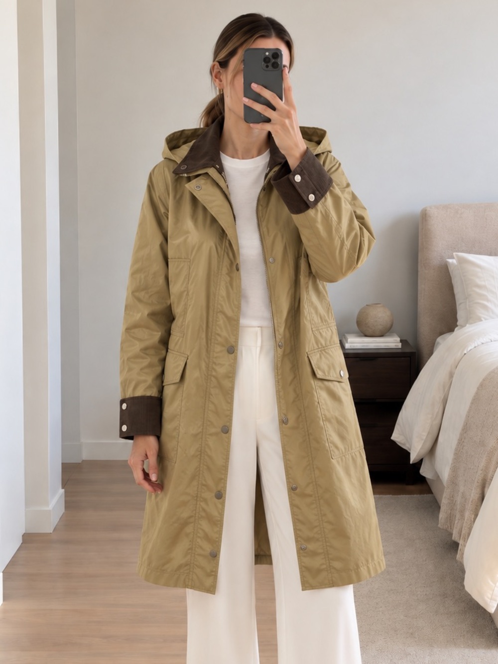 Avec Les Filles Olive Hooded Long Utility Raincoat Corduroy Trim Size M NWT